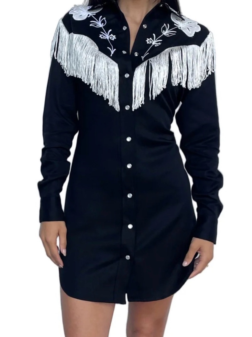 NEW H Bar C Roswell Western Fringed Dress Black w/ White Fringe and Embroidery L